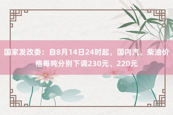 国家发改委：自8月14日24时起，国内汽、柴油价格每吨分别下调230元、220元